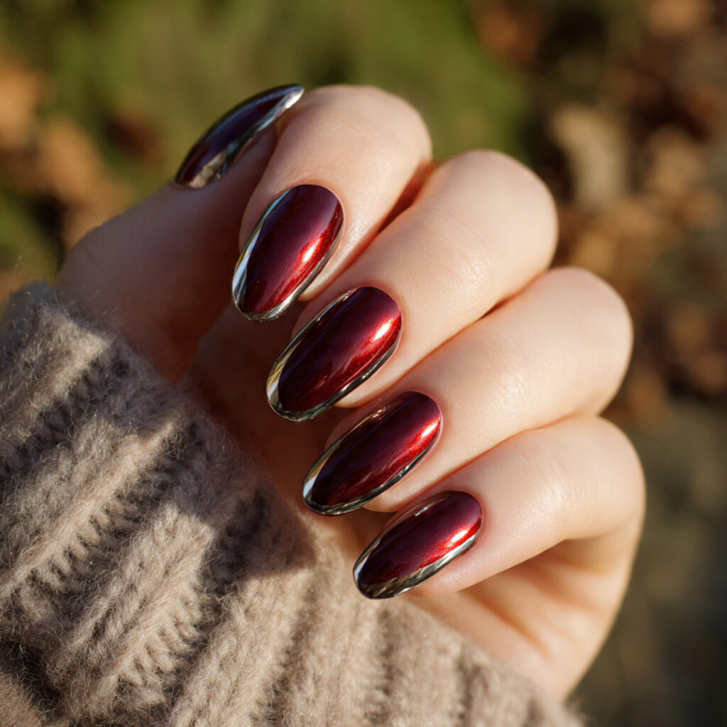 Red Nails Chrome: Glossy, Fiery & Made to Shine 11 one hand with dark red chrome edge nails manicure