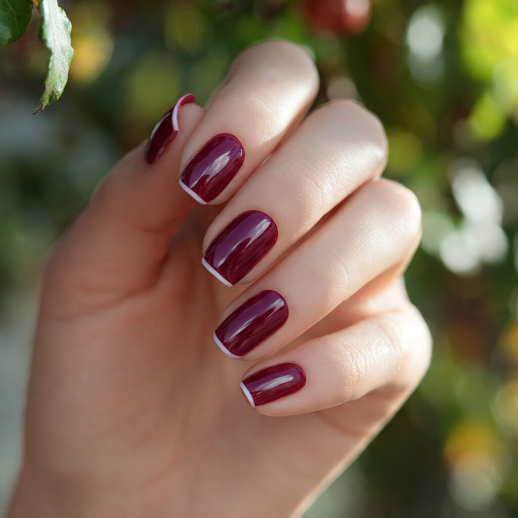 one hand with deep wine red french tip manicure el 1