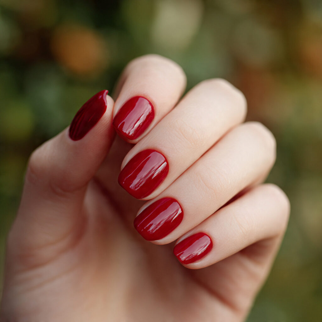 Classic Red Nails: Timeless, Elegant & Always in Style 1 one hand with glossy cherry red short nails outdoo