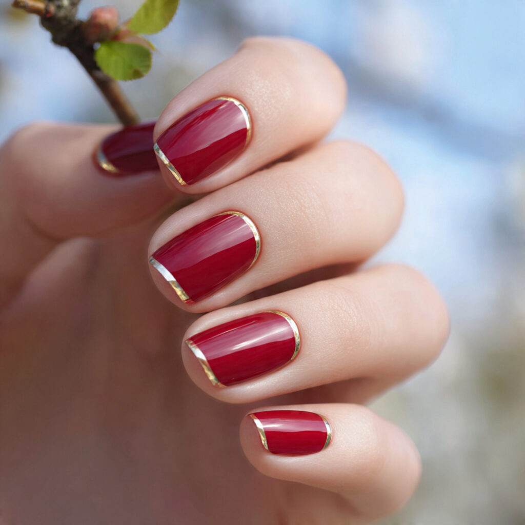 one hand with glossy red french manicure tips and