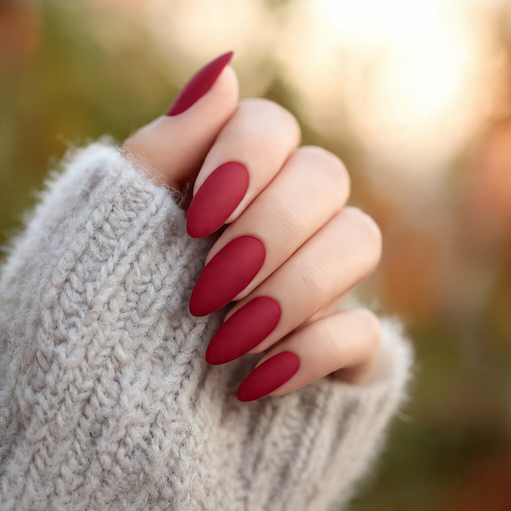 Red Nails Design Ideas Classy Almond: 14 Elegant Looks You’ll Love 9 one hand with matte red almond shaped nails elegan