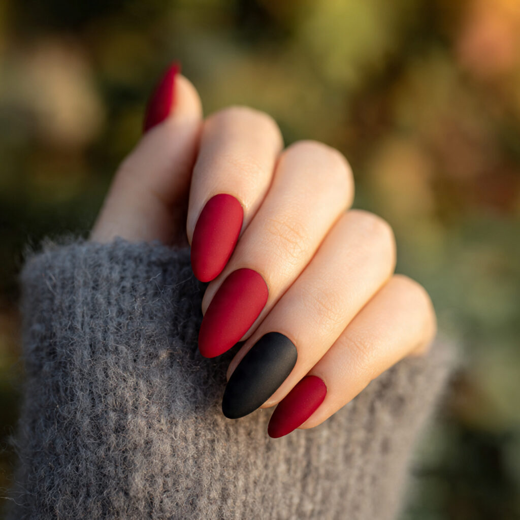 Red Matte Nails: Bold, Velvety Looks That Feel Effortlessly Luxe 6 one hand with matte red and black accent nails ele