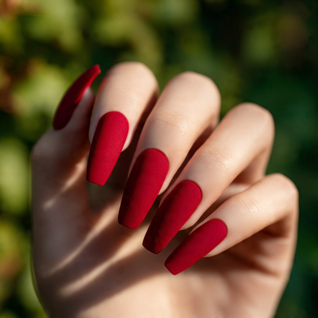 Acrylic Nails Red: The Bold, Timeless Look You’ll Never Get Over 11 one hand with matte red coffin shaped acrylic nail