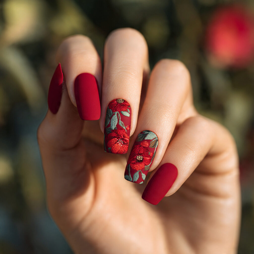Red Matte Nails: Bold, Velvety Looks That Feel Effortlessly Luxe 7 one hand with matte red floral detail nails elegan