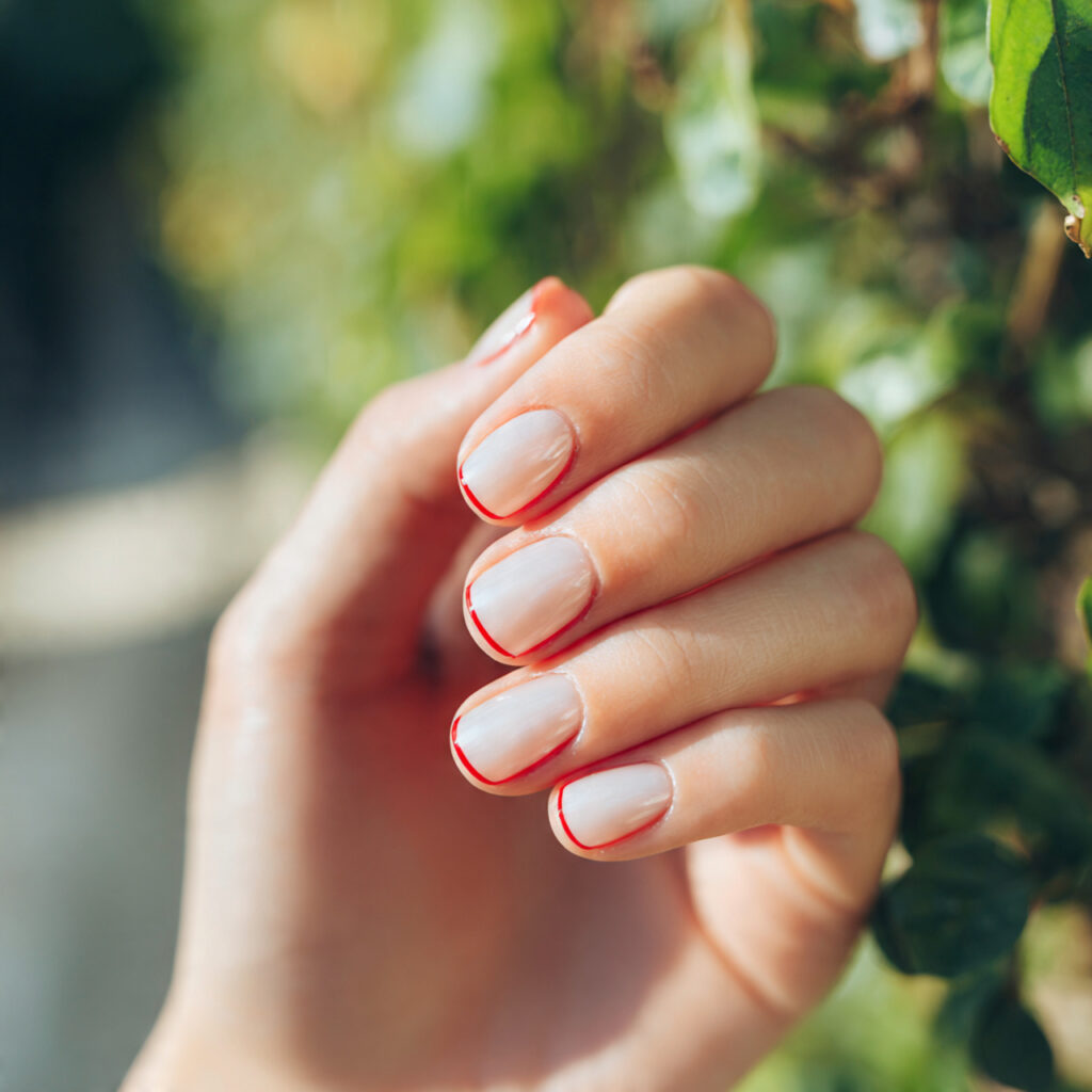 Red Nails Inspo 2026: Bold, Glossy & Totally Addictive Looks 11 one hand with minimal red line nail art elegant an