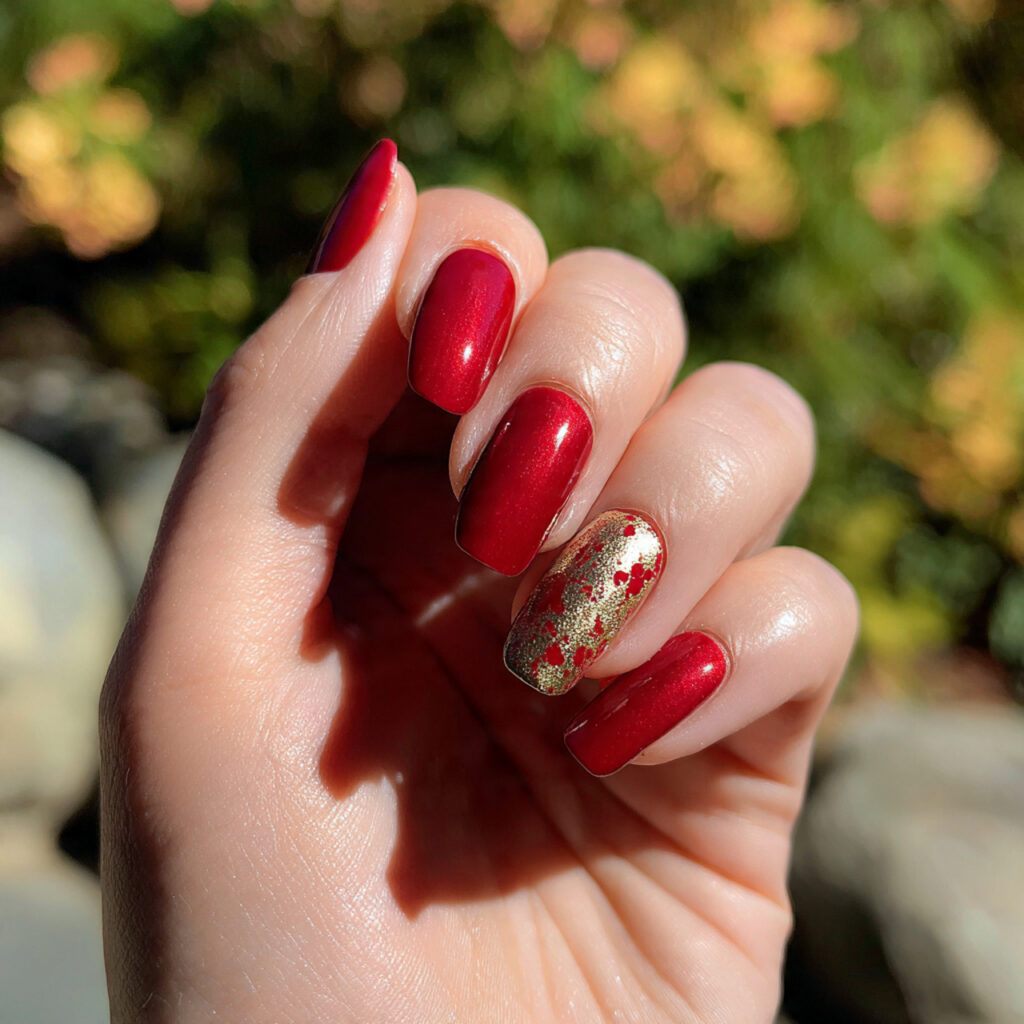 Prom Nails Red: 14 Stunning Designs for Your Perfect Night 13 one hand with red and gold accent nails elegant ma
