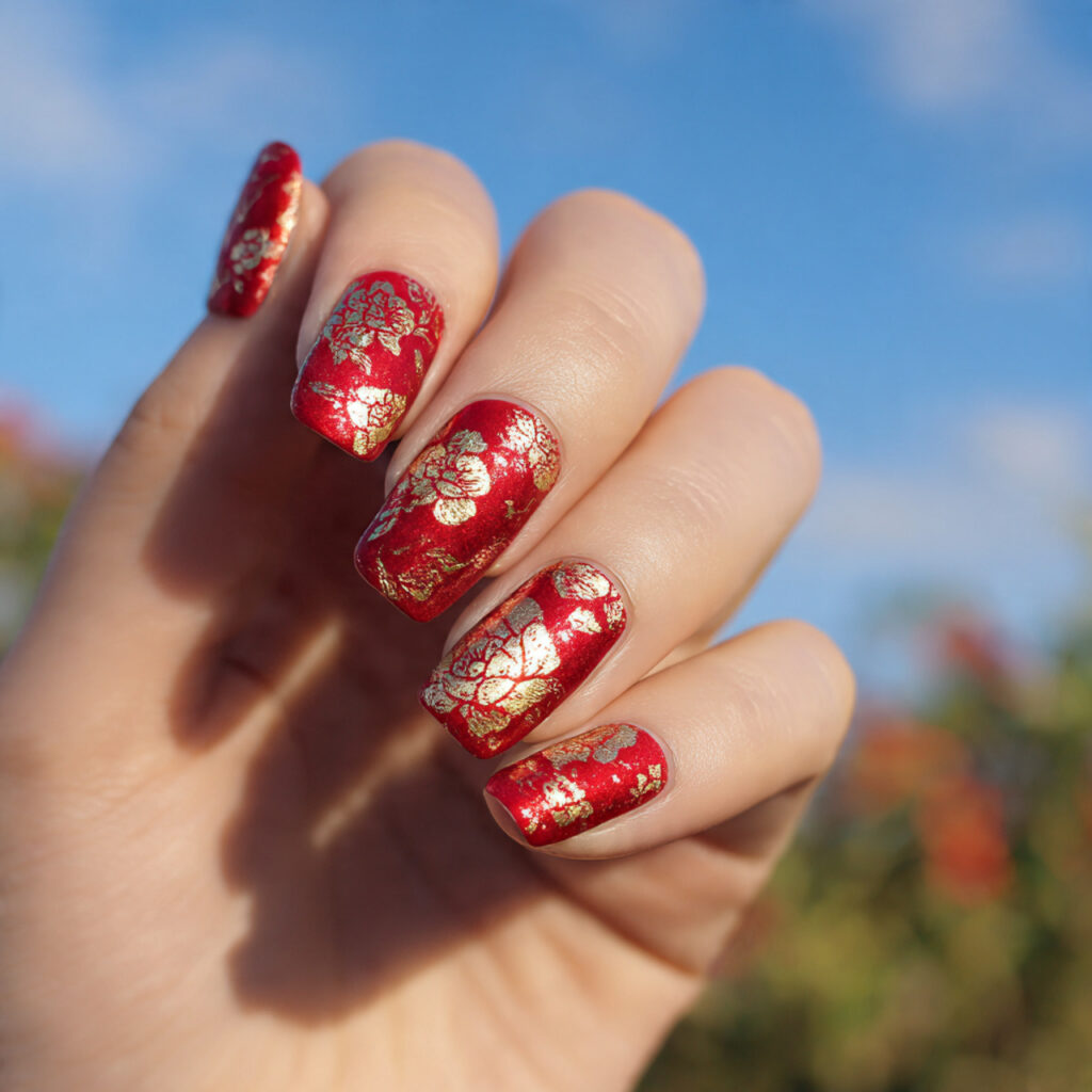 Red Nails With Gold: The Luxe, Glowing Combo You’ll Be Obsessed With 7 one hand with red floral nail art and gold accents