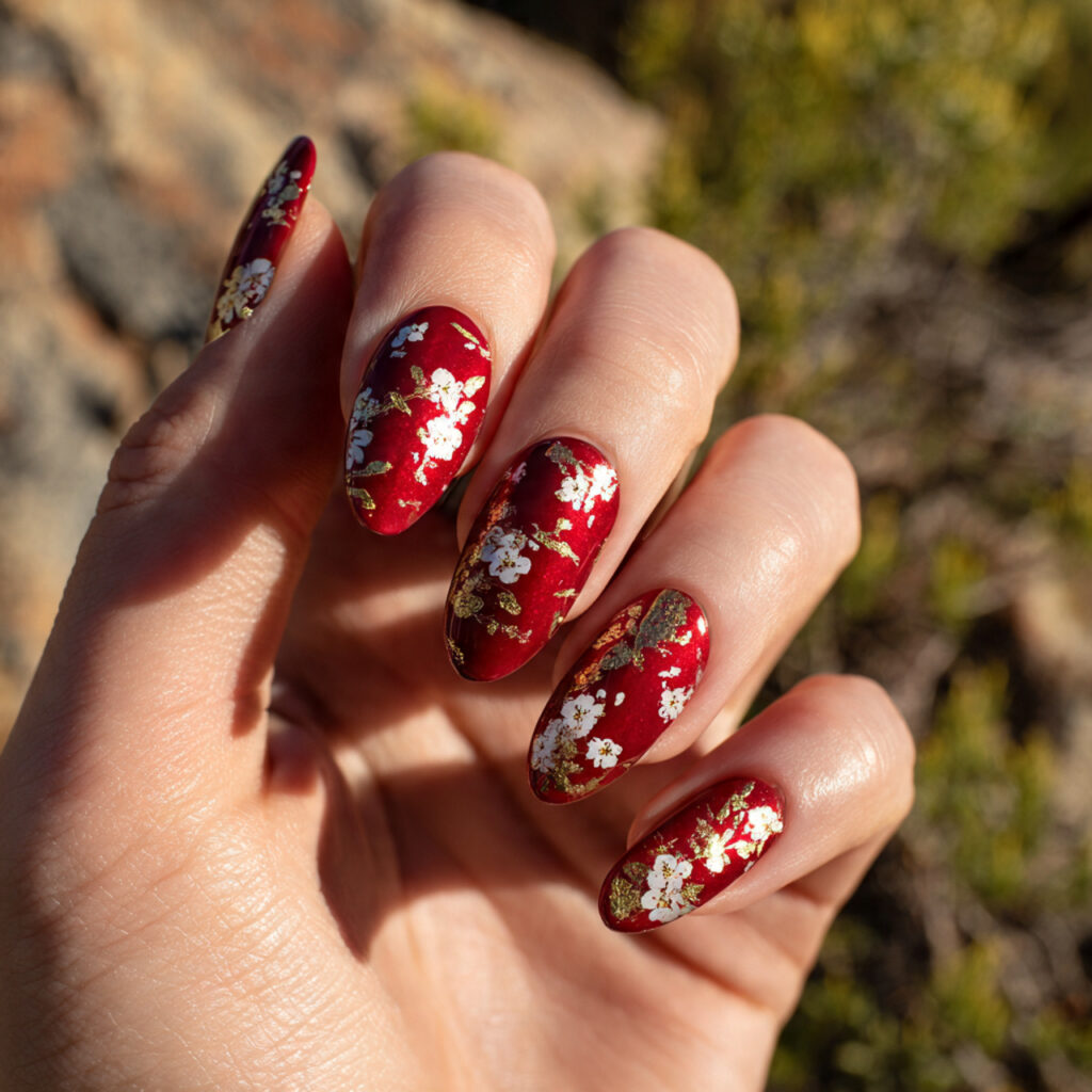 Red Nails With Gold: The Luxe, Glowing Combo You’ll Be Obsessed With 8 one hand with red floral nail art featuring gold a