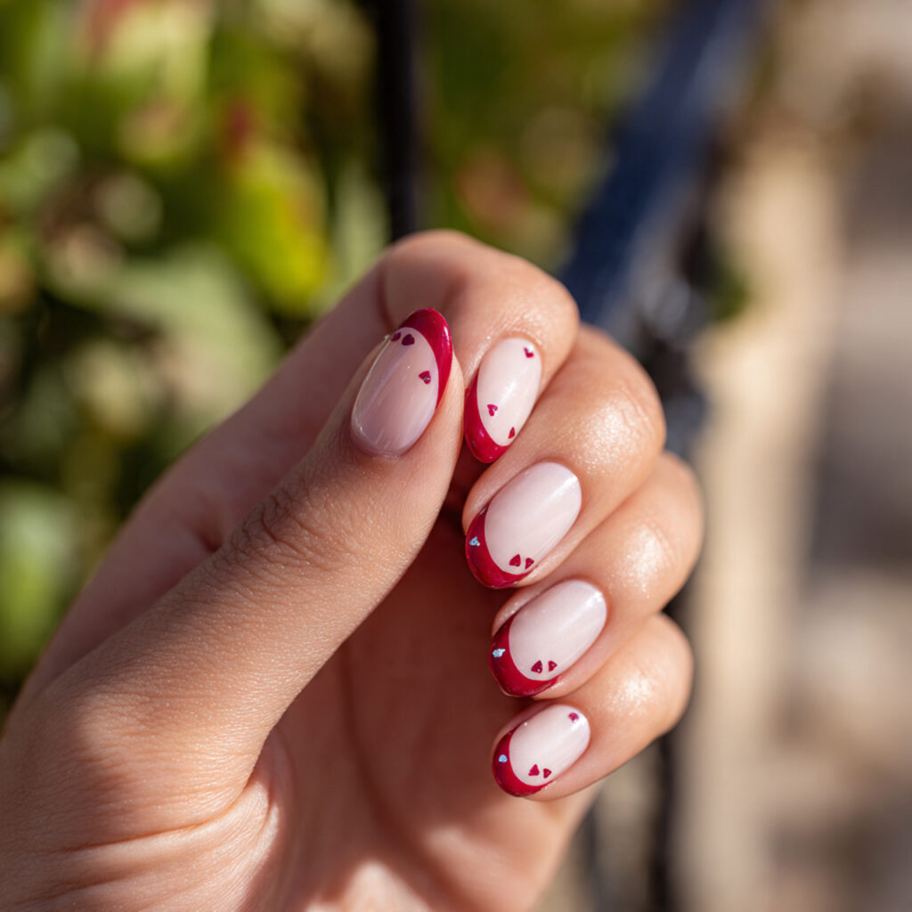 one hand with red french tip nails featuring tiny 1 1