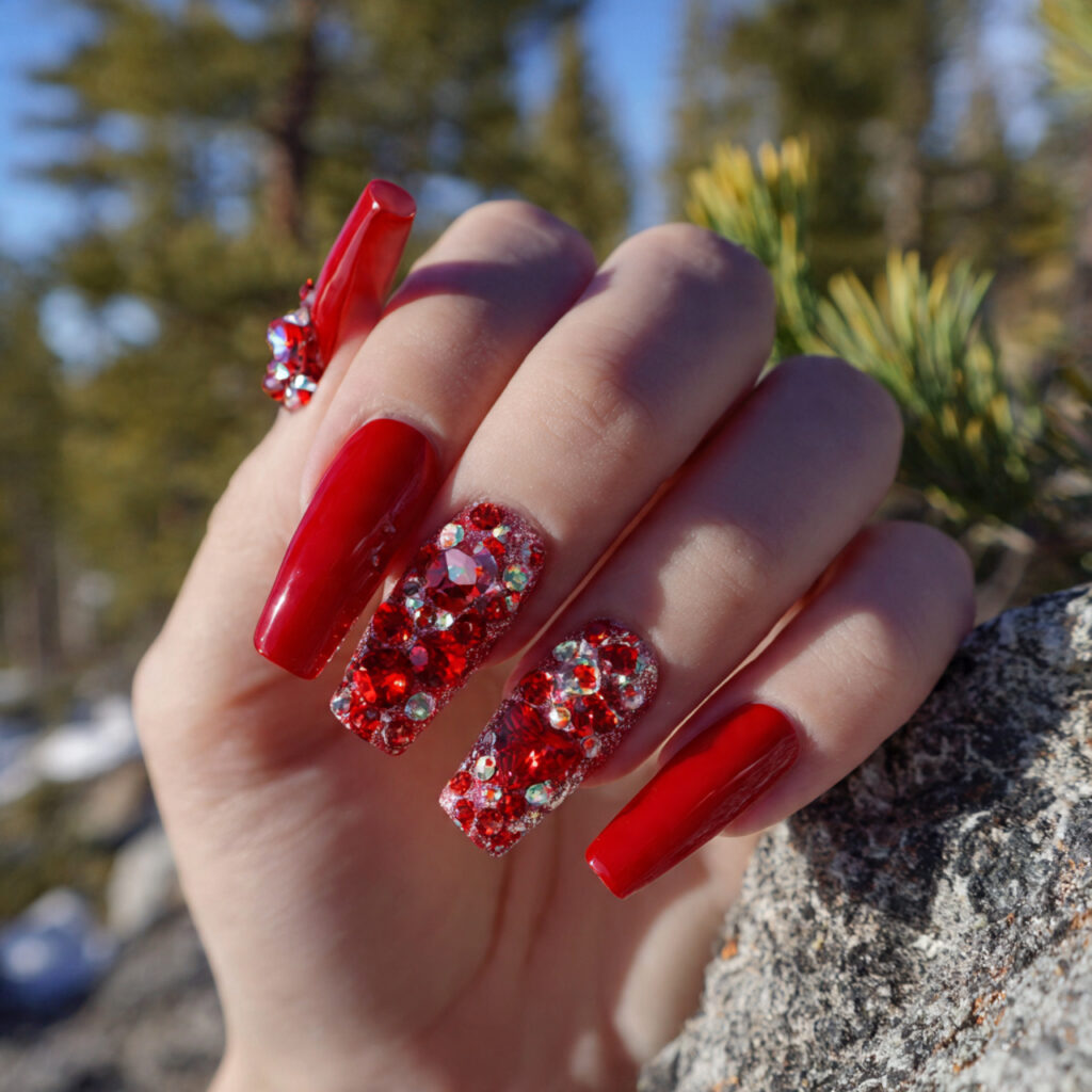 Acrylic Nails Red: The Bold, Timeless Look You’ll Never Get Over 10 one hand with red rhinestone glam acrylic nails de