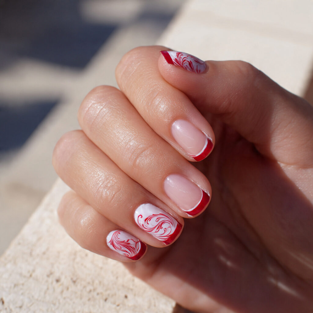 one hand with red swirl french tip nail art elegan