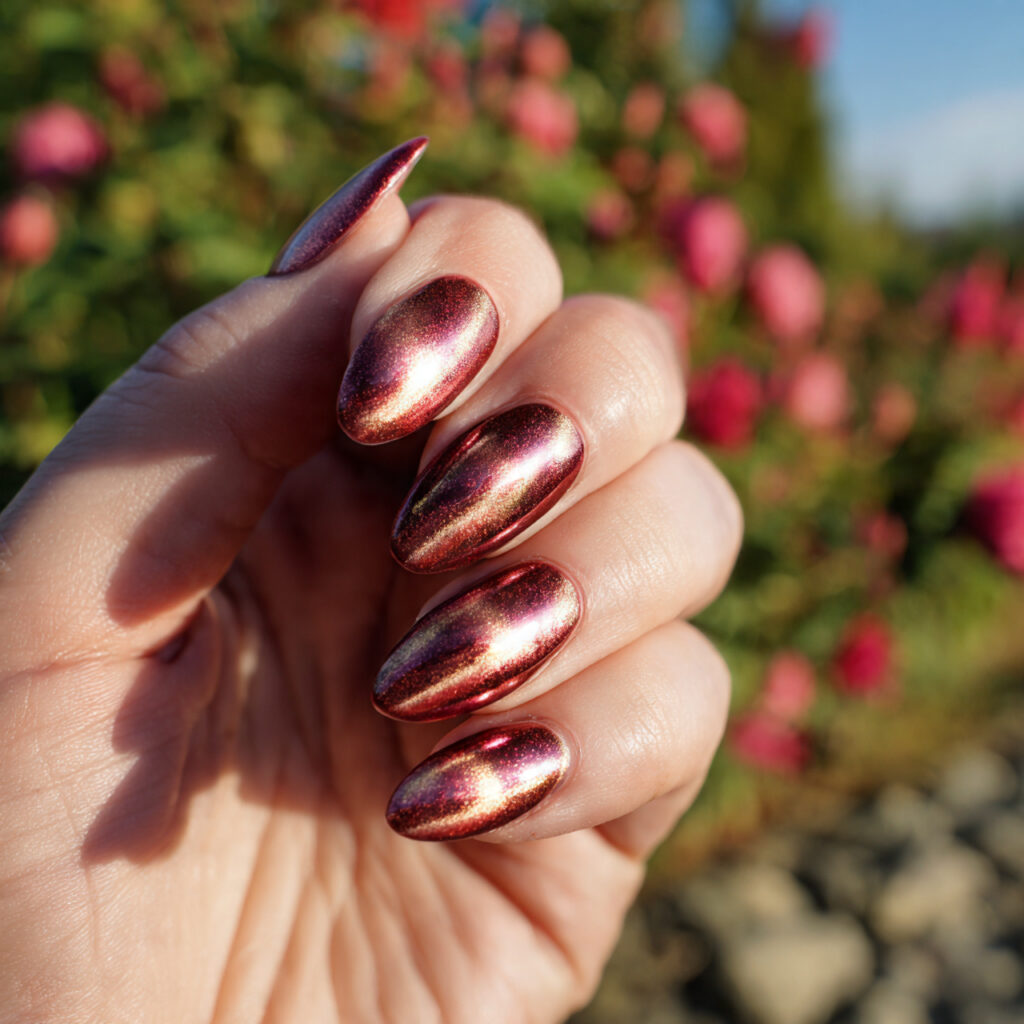 Red Nails Cat Eye: Magnetic Glow You Can’t Stop Staring At 6 one hand with rose red gold cat eye nail design ou