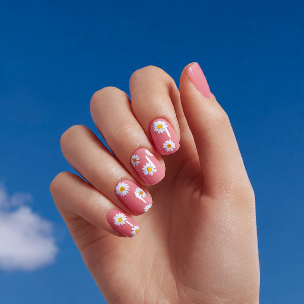 Pink Nails with Designs: Cute Details That Make You Glow 2 one hand with sheer pink glossy nail polish decora