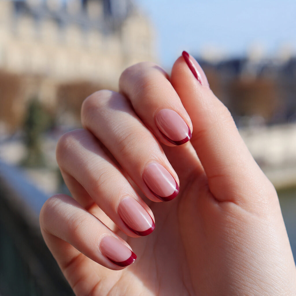 one hand with short red french tip minimal nails e