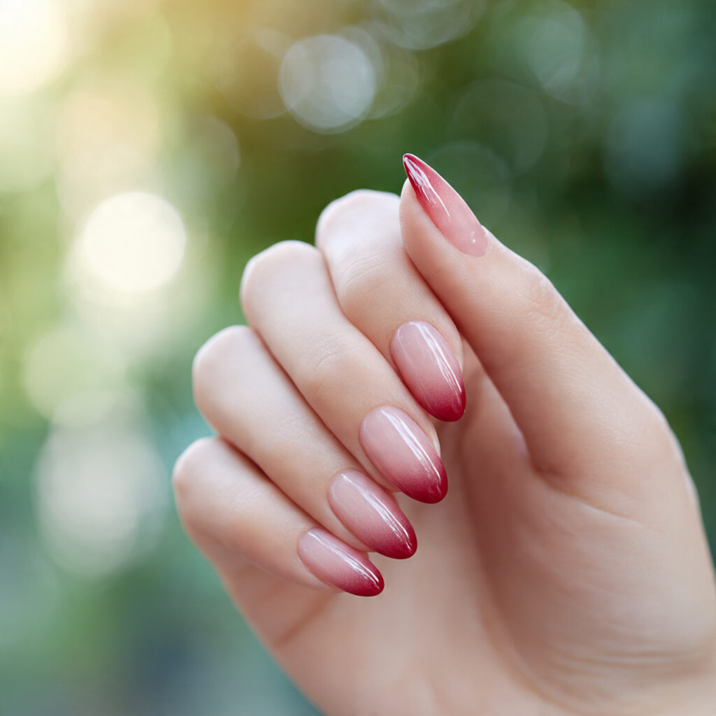 Red Nails Design Ideas Classy Almond: 14 Elegant Looks You’ll Love 4 one hand with soft red ombre almond shaped nails e