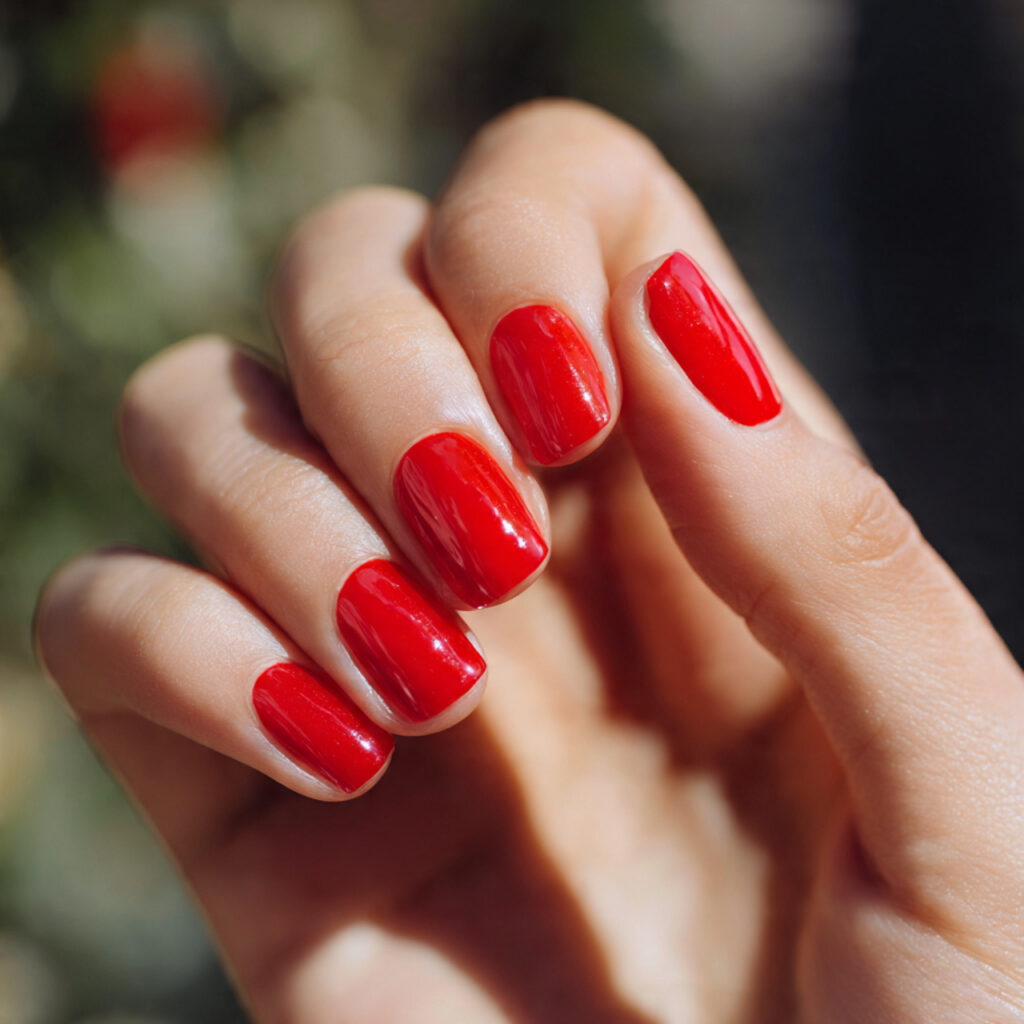Classic Red Nails: Timeless, Elegant & Always in Style 11 one hand with strawberry red glossy nails manicure 1