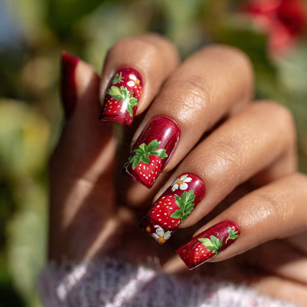 Red Nails Art: The Bold, Beautiful Designs You’ll Keep Saving 4 strawberry inspired nail art on one hand detailed