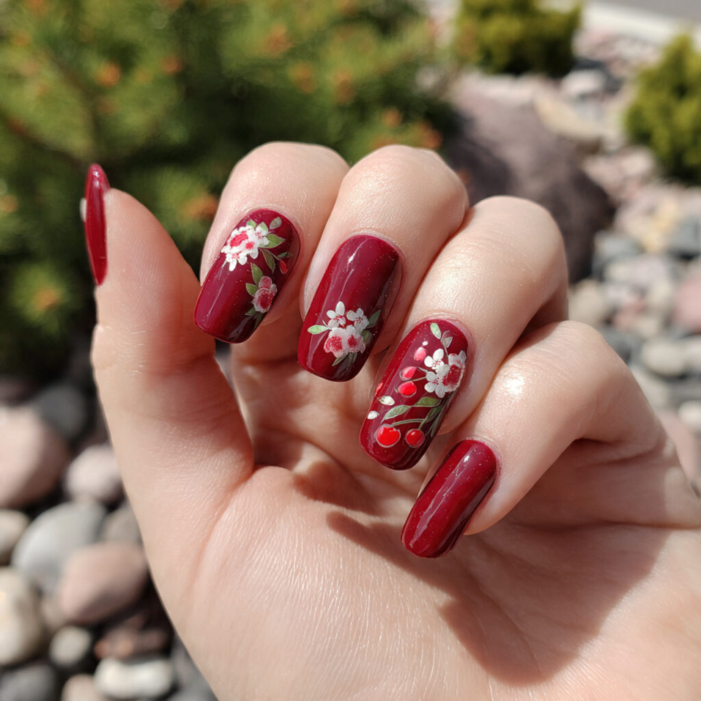 ttractive cherry accent acrylic short nails with o